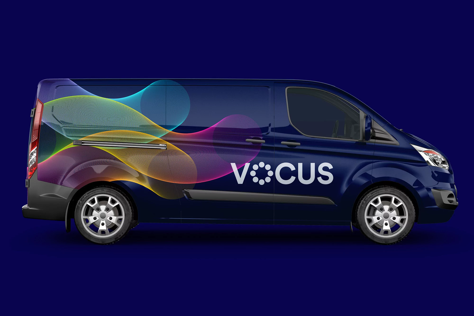 Dark blue delivery van with colorful wave design and 'Vocus' logo on side against solid blue background, showcasing vehicle branding.