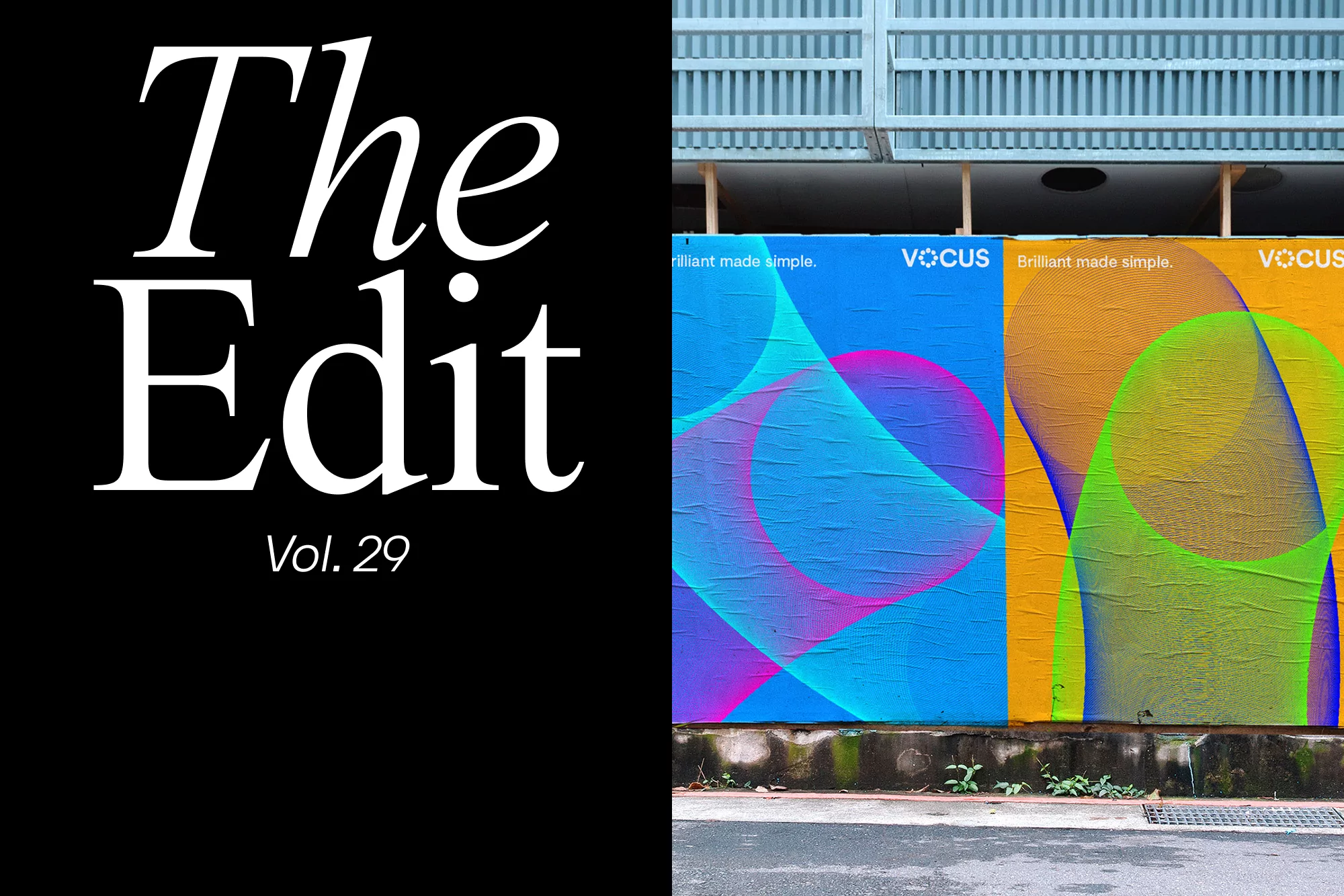Outdoor posters featuring colorful abstract designs with Vocus branding. The Edit Vol. 29 text on a black background contrasts the bright aesthetic.