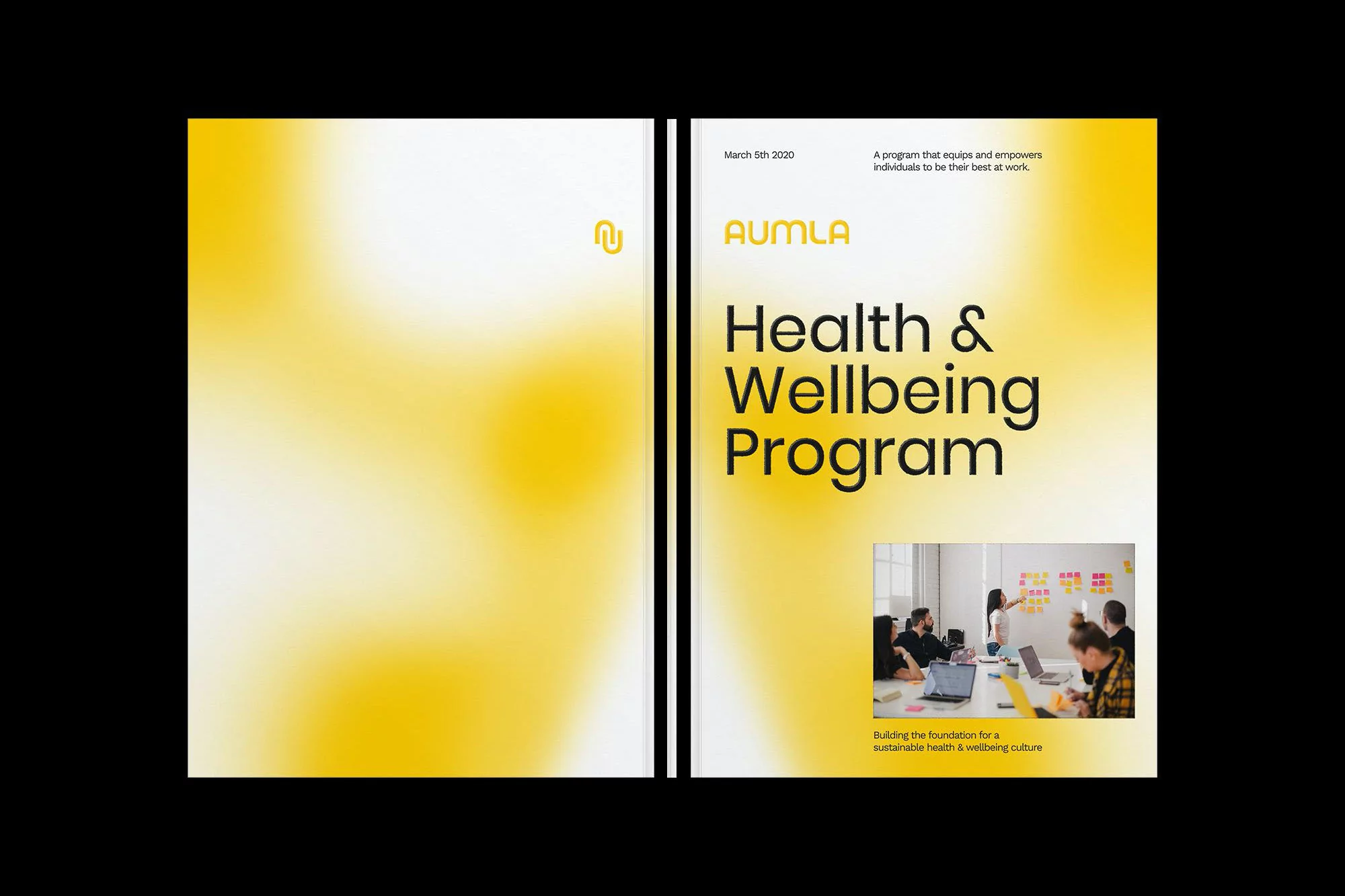 Two-panel brochure cover for Aumla's Health & Wellbeing Program, featuring a vibrant yellow gradient and an image of a team meeting.