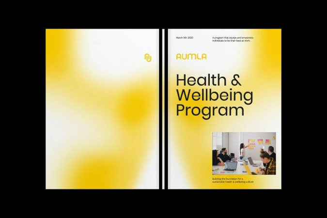 Two-panel brochure cover for Aumla's Health & Wellbeing Program, featuring a vibrant yellow gradient and an image of a team meeting.