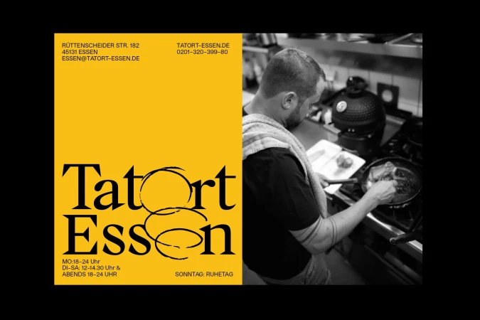 Black and white image of a chef cooking in a restaurant kitchen next to a yellow promotional advertisement with the restaurant name.