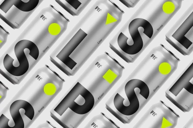 Diagonal pattern of silver beverage cans with bold black typography and neon green geometric symbols.