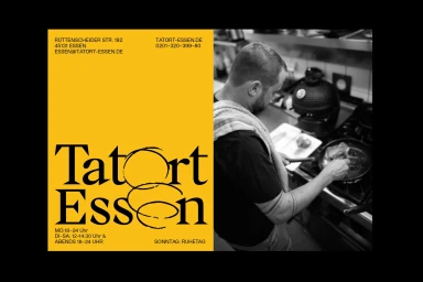 Vocus brand identity design featuring yellow panel with typography alongside a black and white image of a chef cooking in a commercial kitchen
