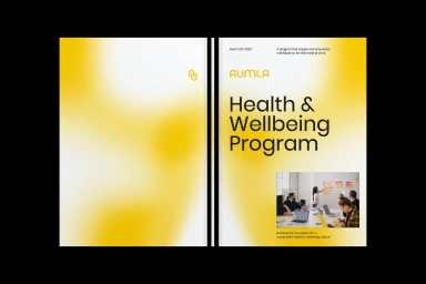 Vocus brand identity design showing a health and wellbeing program document with yellow gradient cover and photo inset