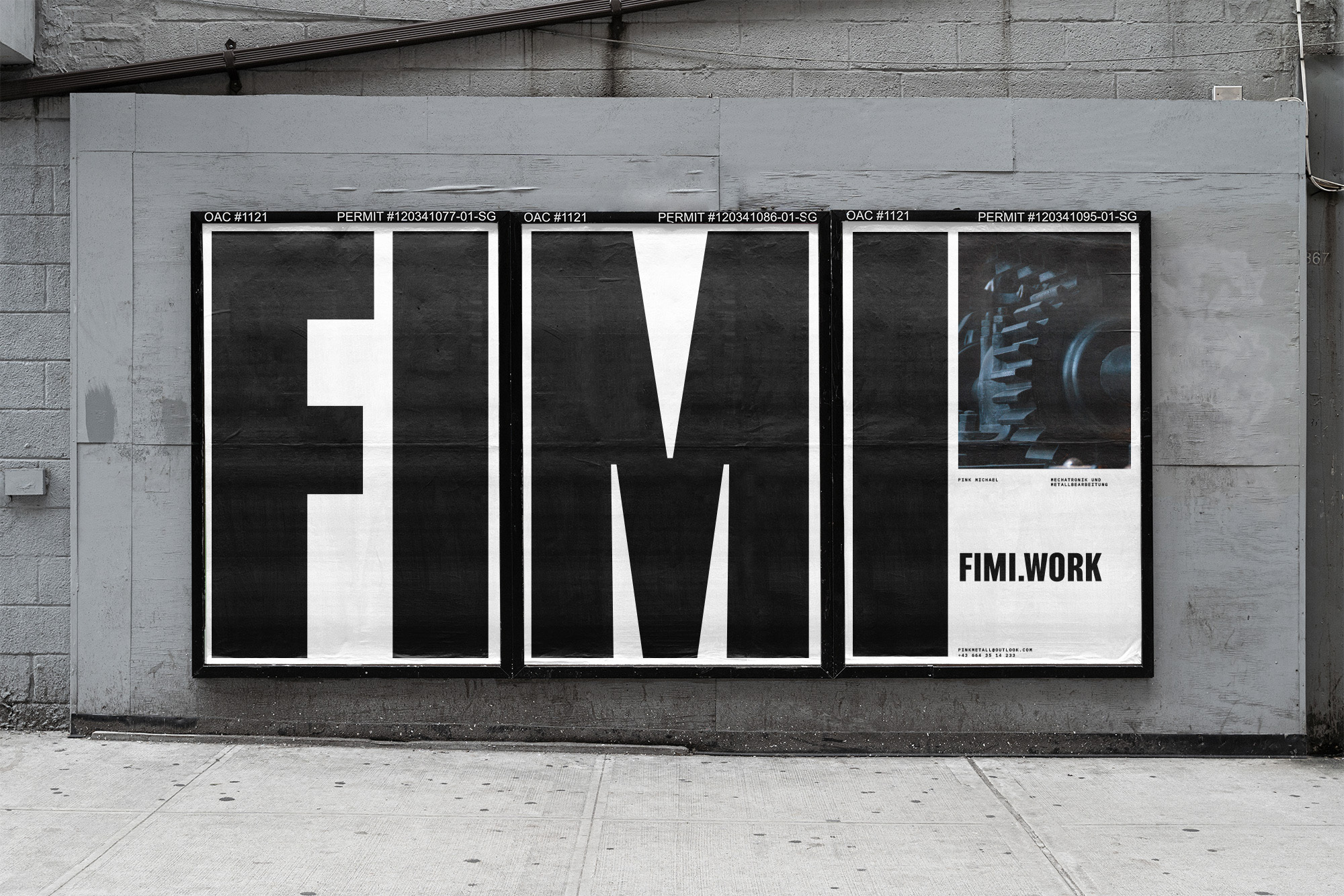 Three posters on a grey wall spell out FIMI in black and white, one featuring an image of a mechanical gear. Urban outdoors.