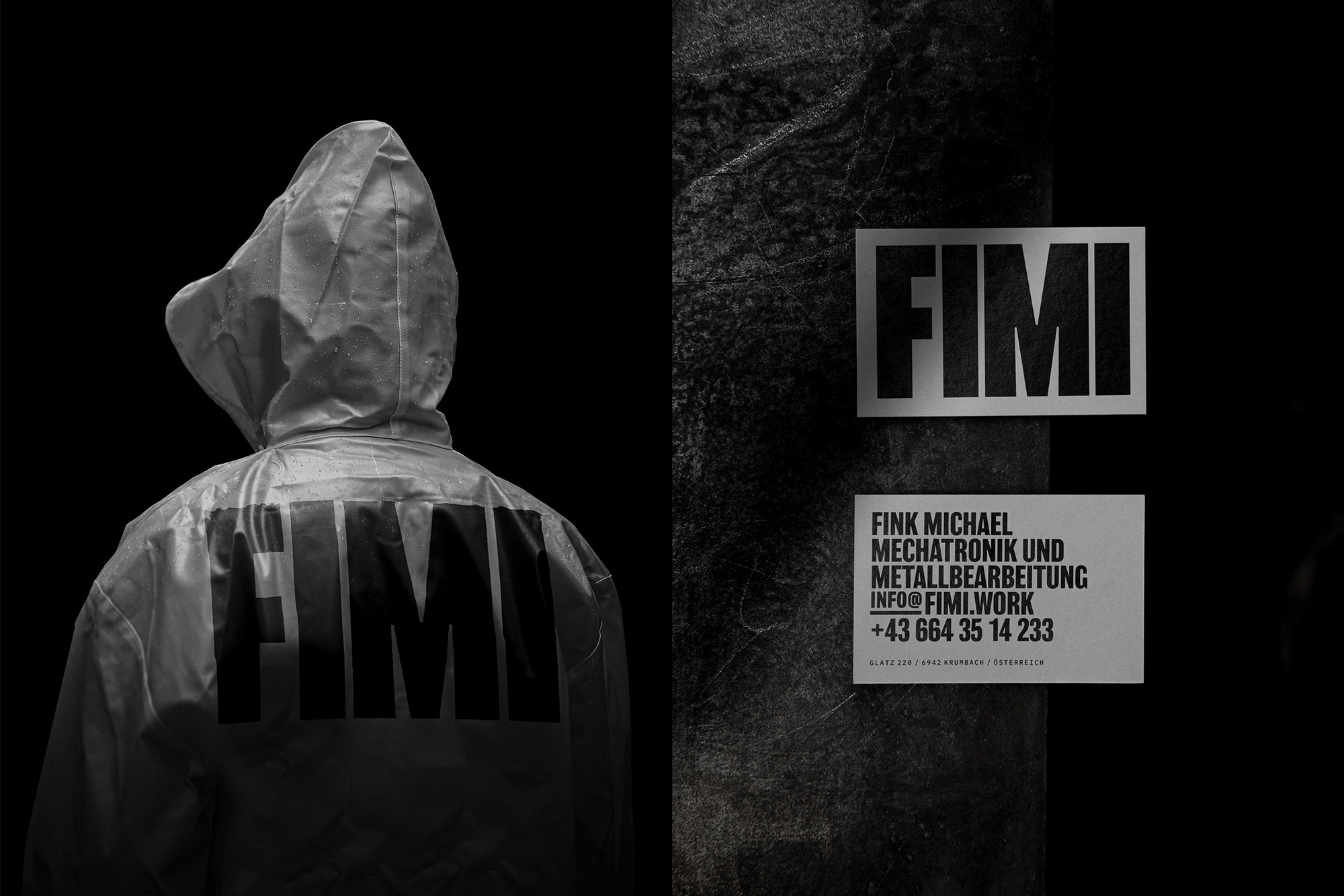 Monochrome brand identity design for FIMI featuring a hooded jacket and printed business cards by Lukas Diemling