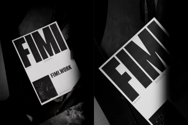 Black and white graphic identity posters featuring bold typography with the text FIMI against a dark textured background