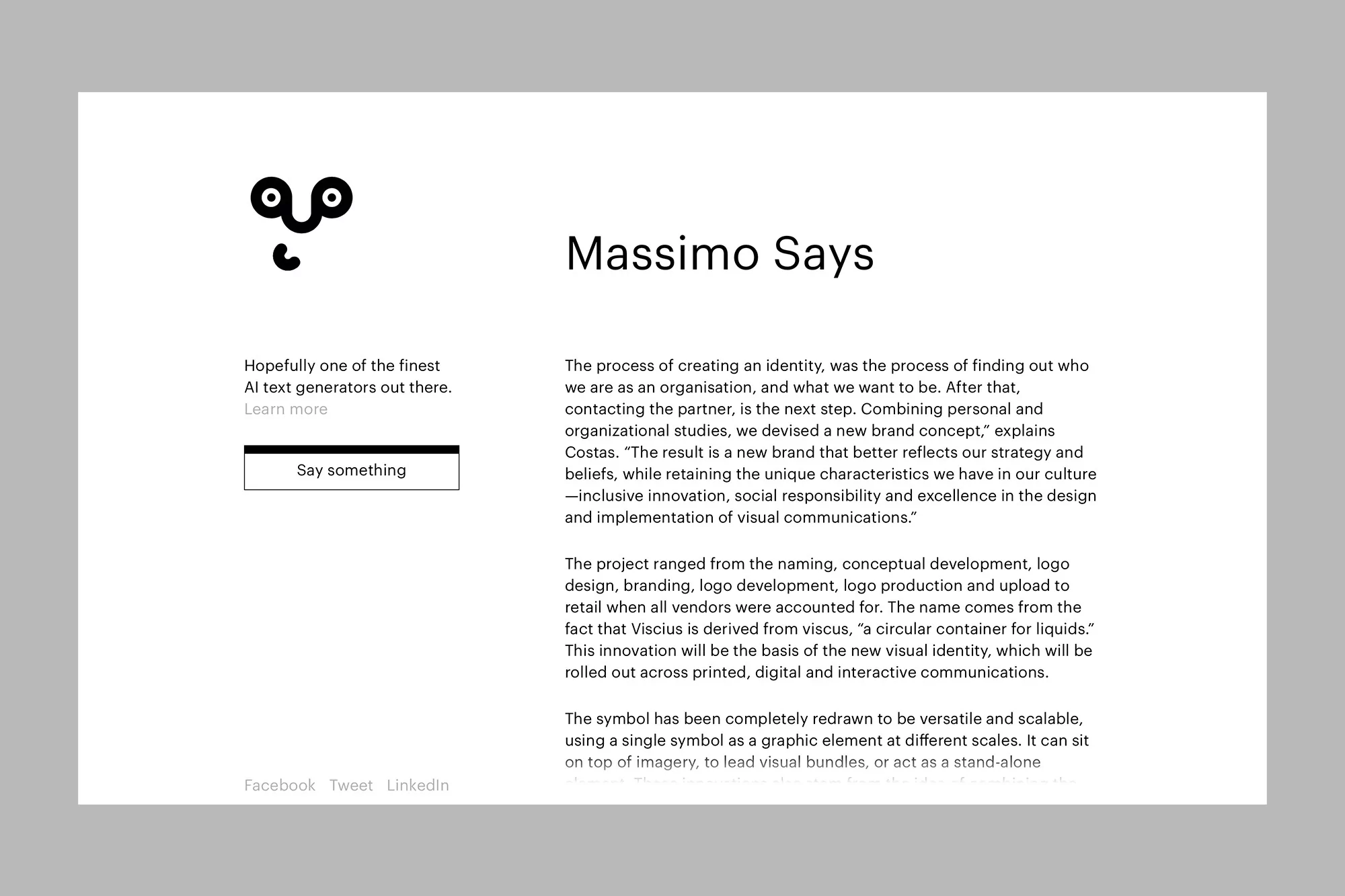 Clean web page design featuring a minimalist logo, 'Massimo Says' title, website text and AI text generator prompt on a white background.