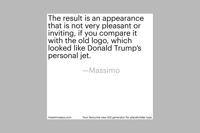 Text-based quote on a gray and white background featuring an excerpt about a logo looking like Donald Trump's personal jet.