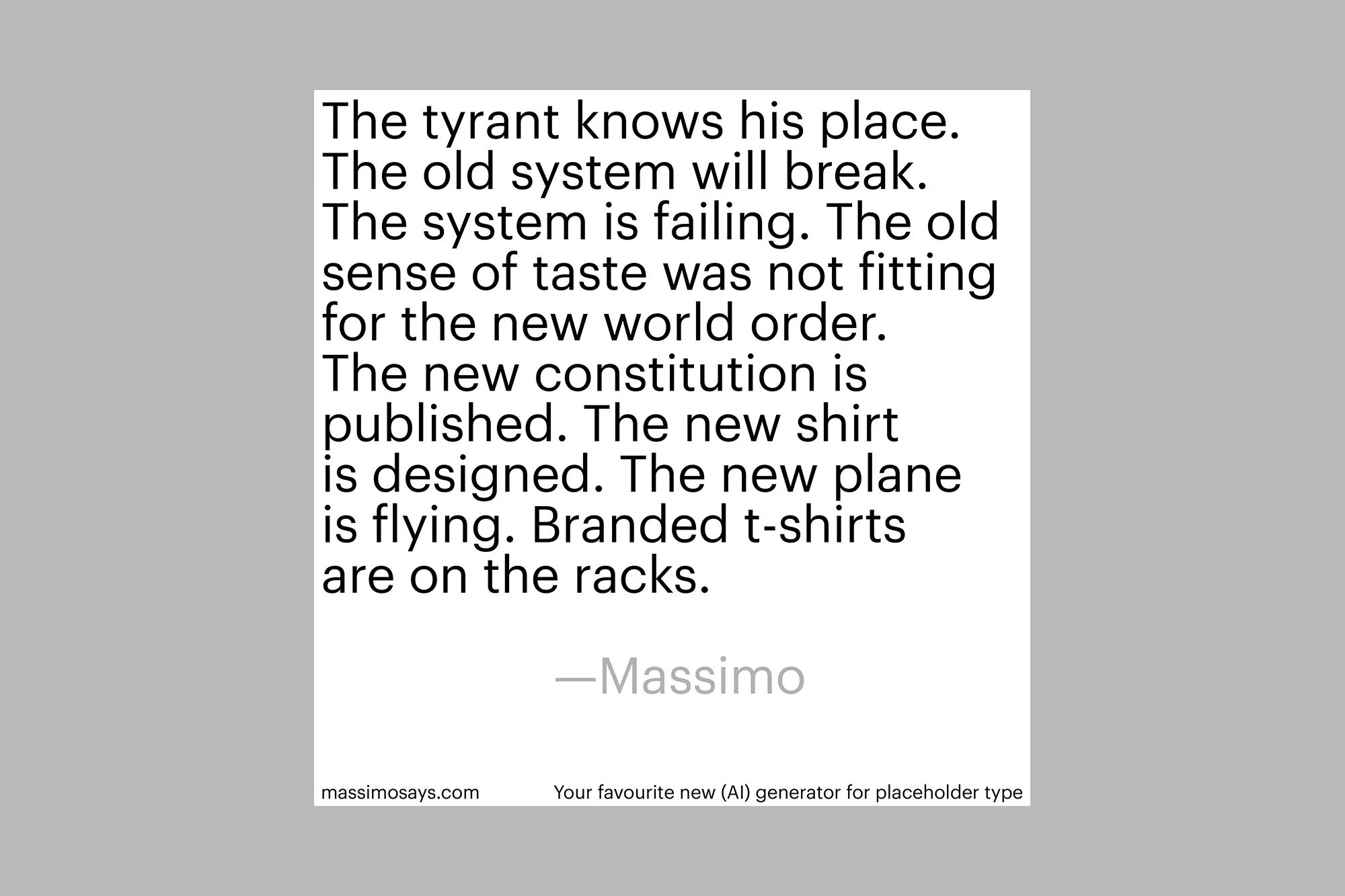Text block with bold statements about societal change, design, and technology, credited to Massimo, set against a neutral background.