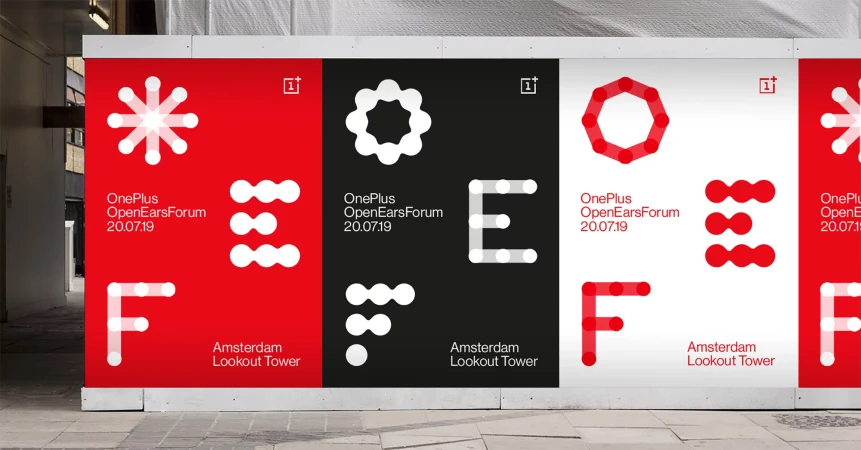 Promotional posters for OnePlus OpenEarsForum event in Amsterdam featuring geometric designs and event information in red, white, and black.
