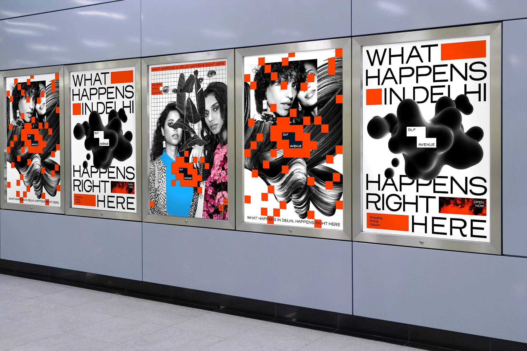 DLF Avenue campaign posters featuring models and abstract shapes on a subway platform, promoting fashion and shopping in Delhi.