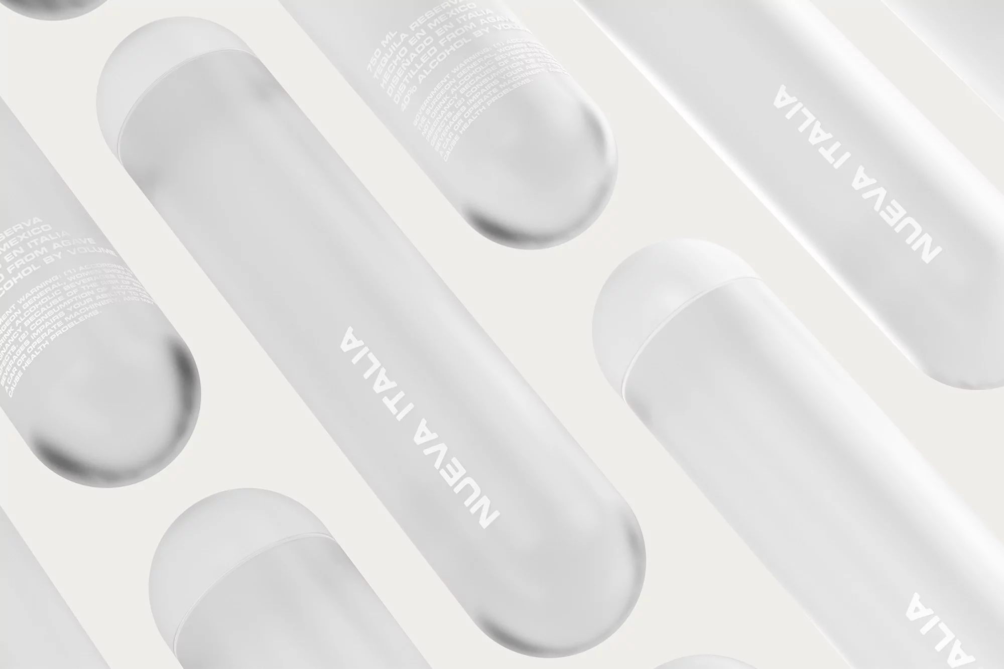 Several frosted glass bottles with white caps diagonally across a soft white background, featuring the text NUEVA ITALIA.
