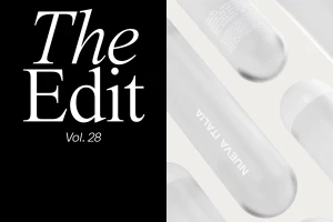 Minimalist brand identity design featuring white cylindrical bottles diagonally arranged and bold typography on a split black and white background.