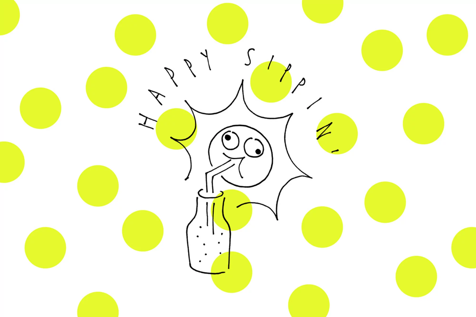 Whimsical doodle illustration on white with yellow polka dots. Features a face with a straw drinking from a dotted bottle.