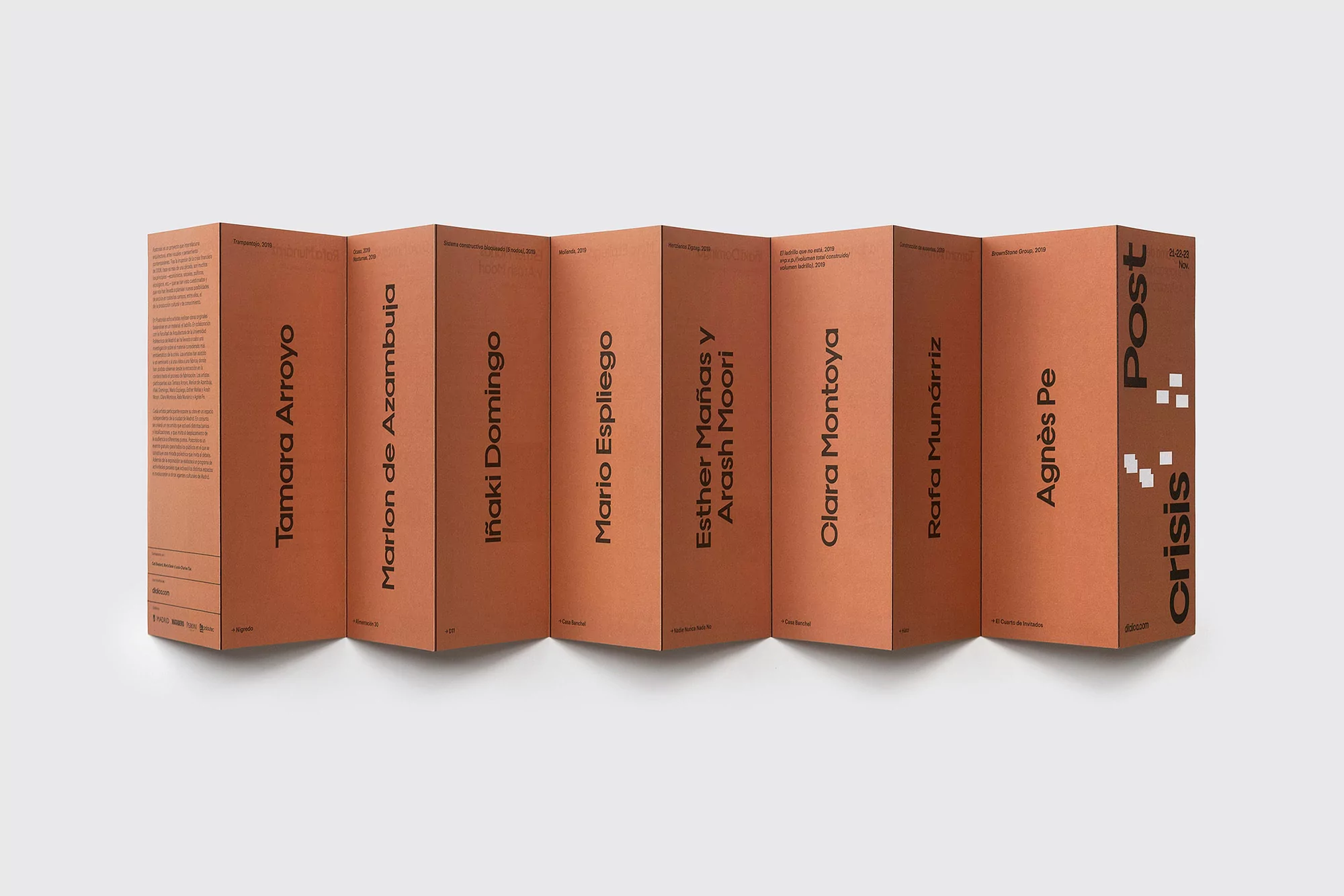 Six earth-tone hardcover books are lined up, their spines forming an accordion pattern against a white background with simple shadows.