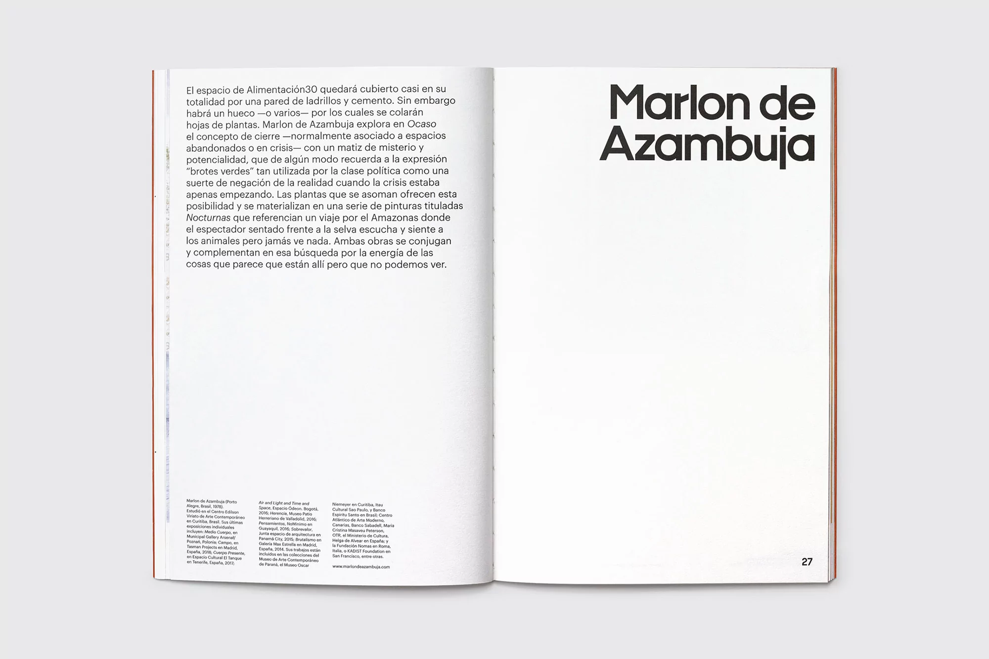 Open magazine spread featuring text in Spanish, with the name Marlon de Azambuja displayed prominently in black font on the right page.