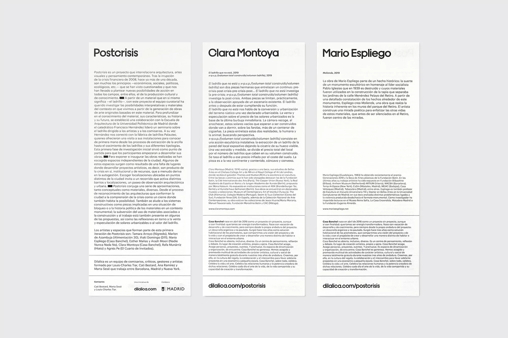 Three white panels present information about artists Postcrisis, Clara Montoya, and Mario Espliego, including descriptions and names.