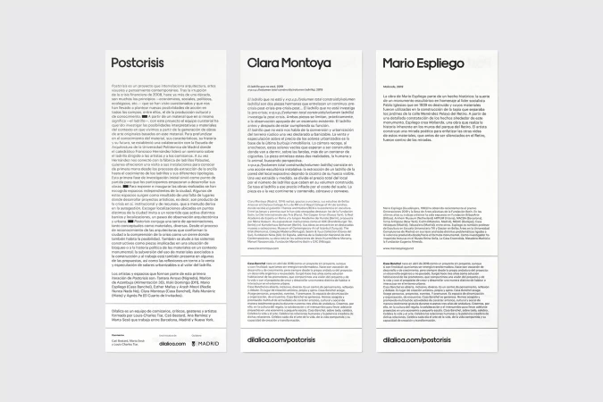 Three white panels present information about artists Postcrisis, Clara Montoya, and Mario Espliego, including descriptions and names.