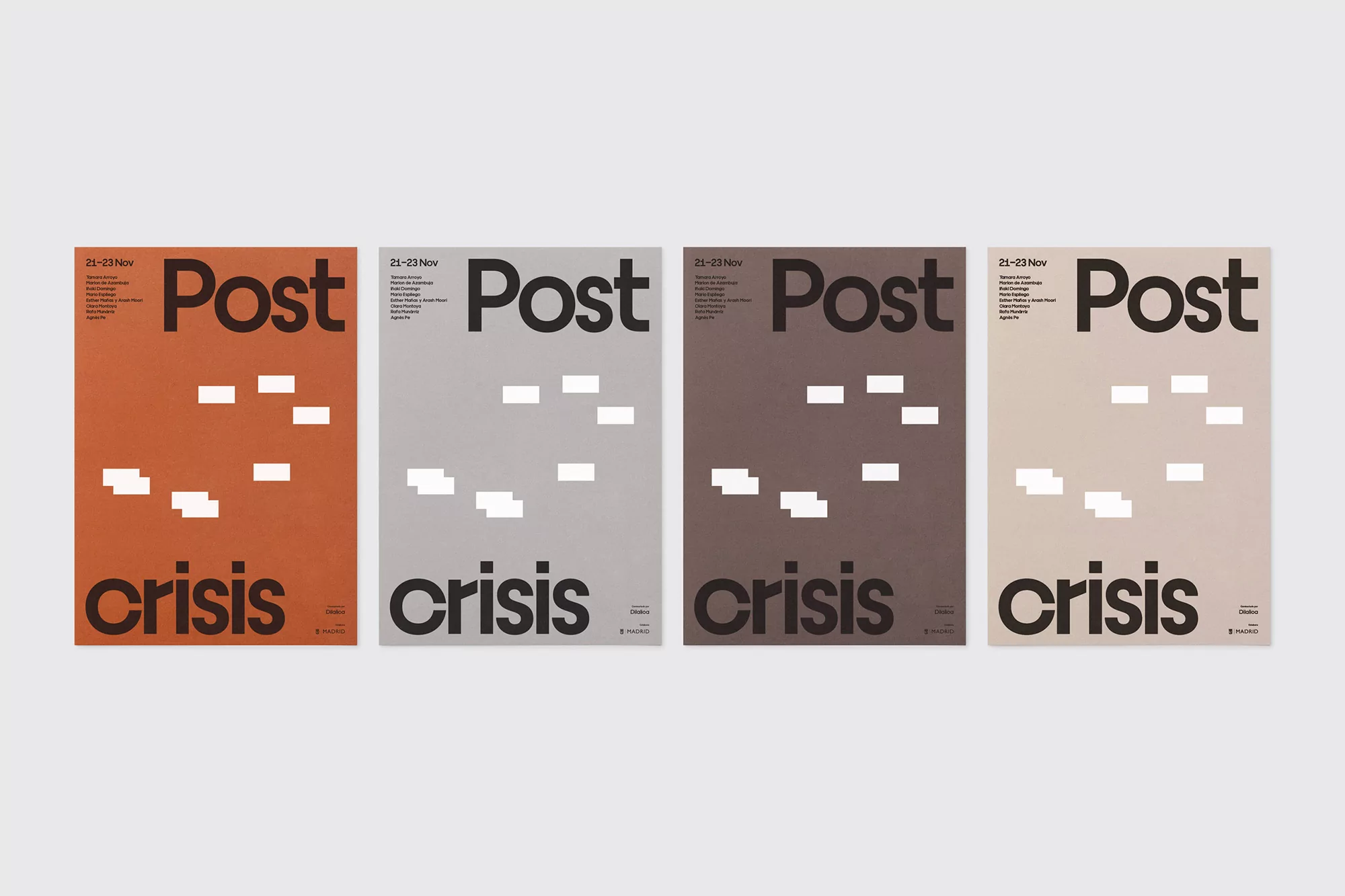 Four graphic posters with the words 'Post' and 'Crisis' and a design consisting of white rectangles on different colored backgrounds.