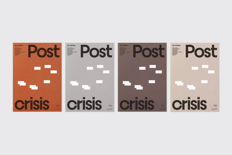 Four graphic posters with the words 'Post' and 'Crisis' and a design consisting of white rectangles on different colored backgrounds.