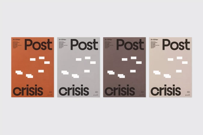 Four graphic posters with the words 'Post' and 'Crisis' and a design consisting of white rectangles on different colored backgrounds.
