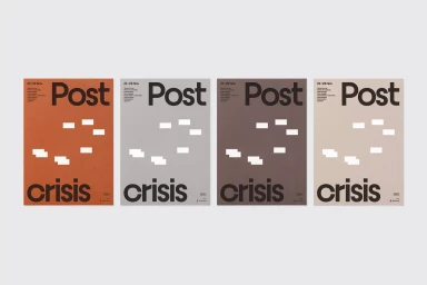 Four graphic posters featuring Postcrisis typography in different colored variations against a light grey background