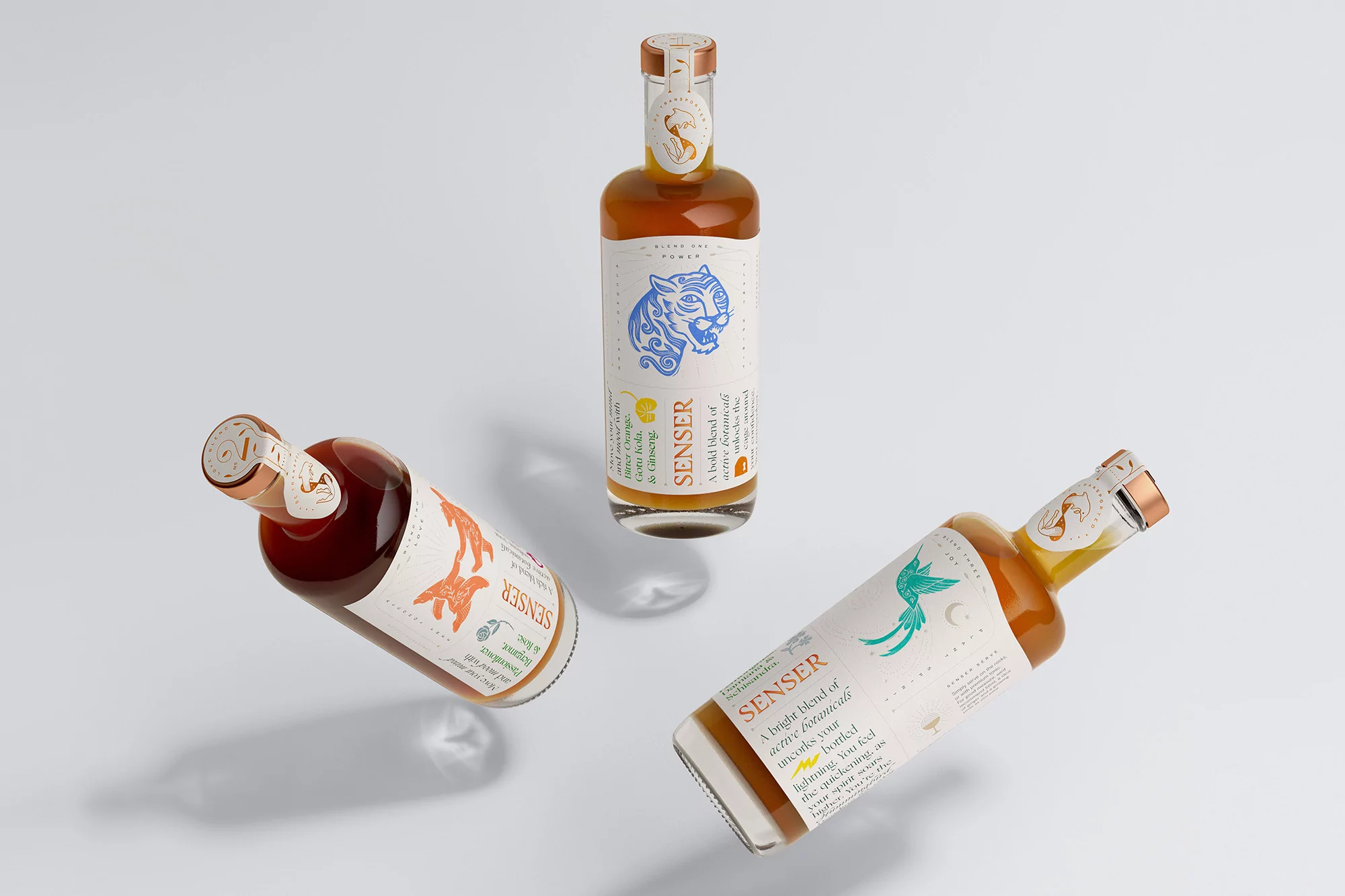 Three glass bottles of amber liquid with minimalist label designs. Product photography on white background with subtle drop shadows.