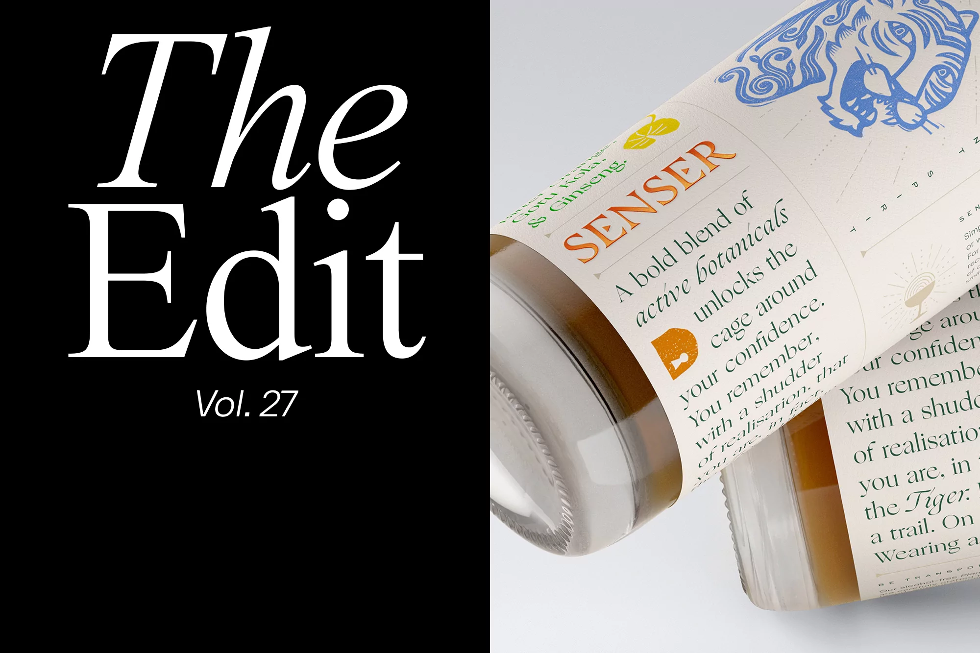 Two glass bottles labeled 'Senser' sit on a white surface against a black background with 'The Edit Vol. 27' in white text.