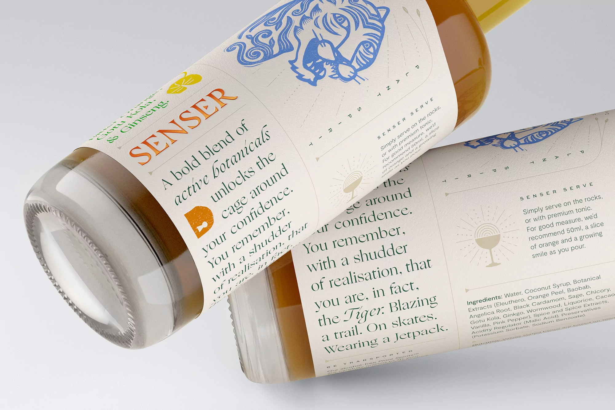Two bottles of SENSER botanical beverage with a label featuring a stylized tiger illustration and ingredient information on a white background.