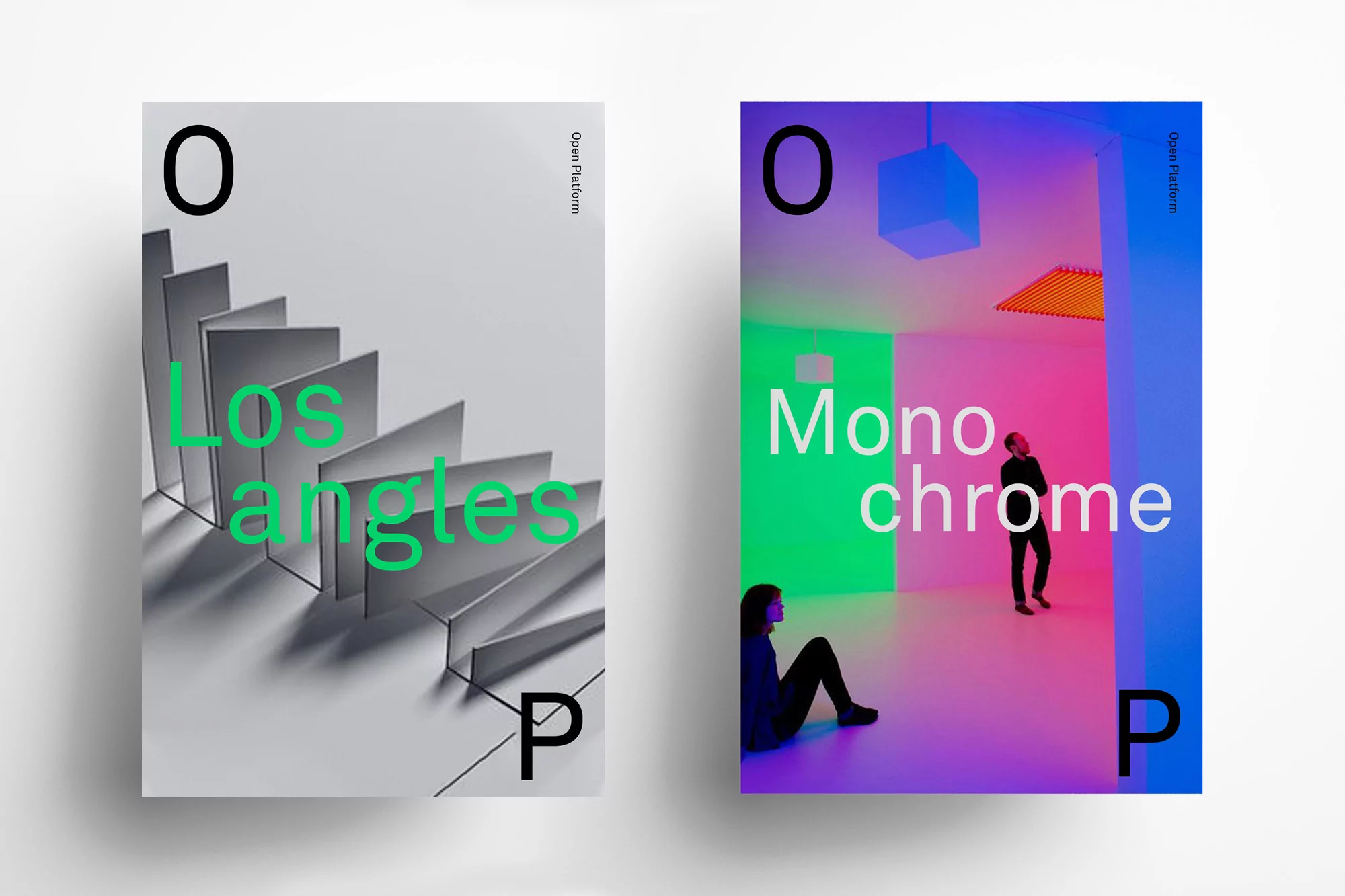 Two posters displayed side-by-side: one with abstract geometric shapes, the other with figures in a neon-lit room, and bold typography.