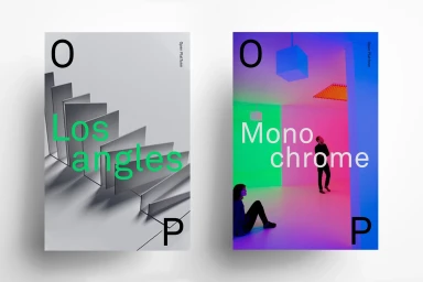 Two vertical poster designs for Senser featuring bold typography, monochrome stairs on the left and vibrant neon lighting on the right.