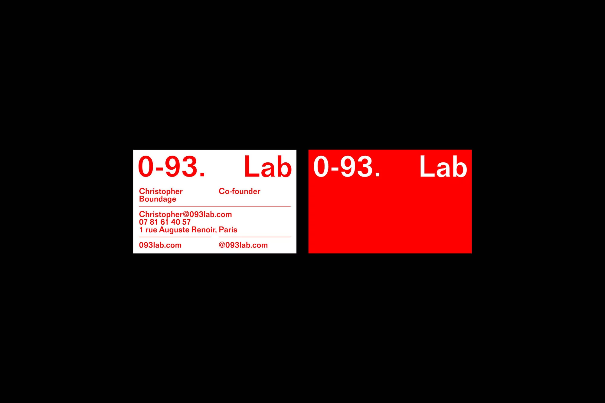 Business cards with a red block design against a black background, featuring company contact information and logo.