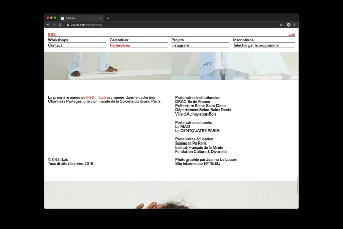 Screenshot of the 0-93 Lab website featuring the homepage with navigation, brand information, and text in French.