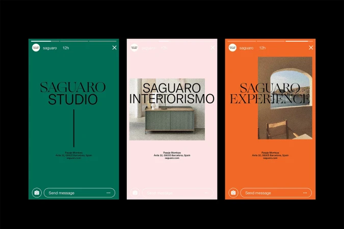 Three digital screen mockups in a row feature brand advertisements for Saguaro, highlighting studio, interior design, and experience concepts.