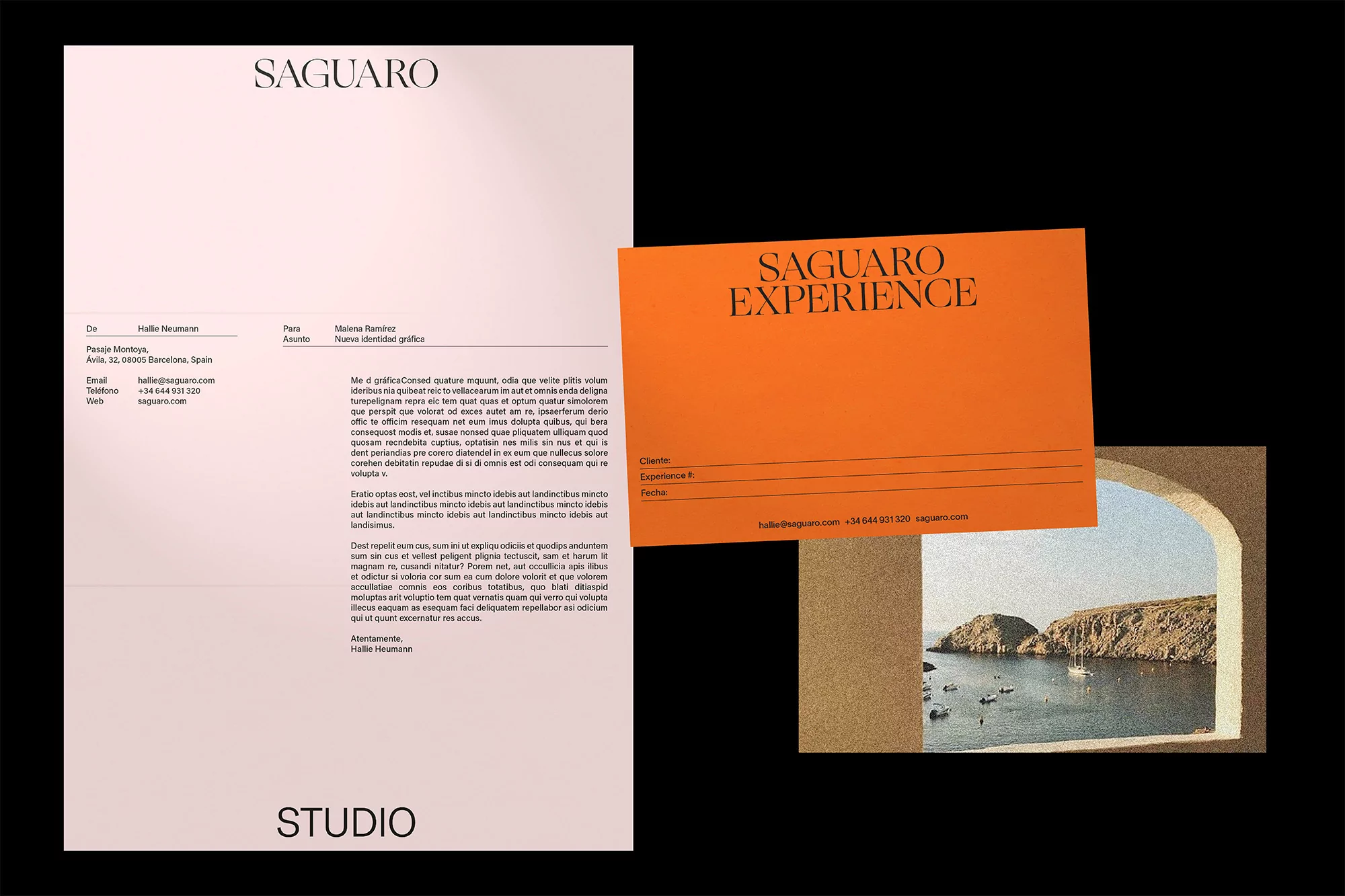 Stationery design featuring letterhead with text and an orange card with 'Saguaro Experience' text, alongside a view of a coastal landscape.