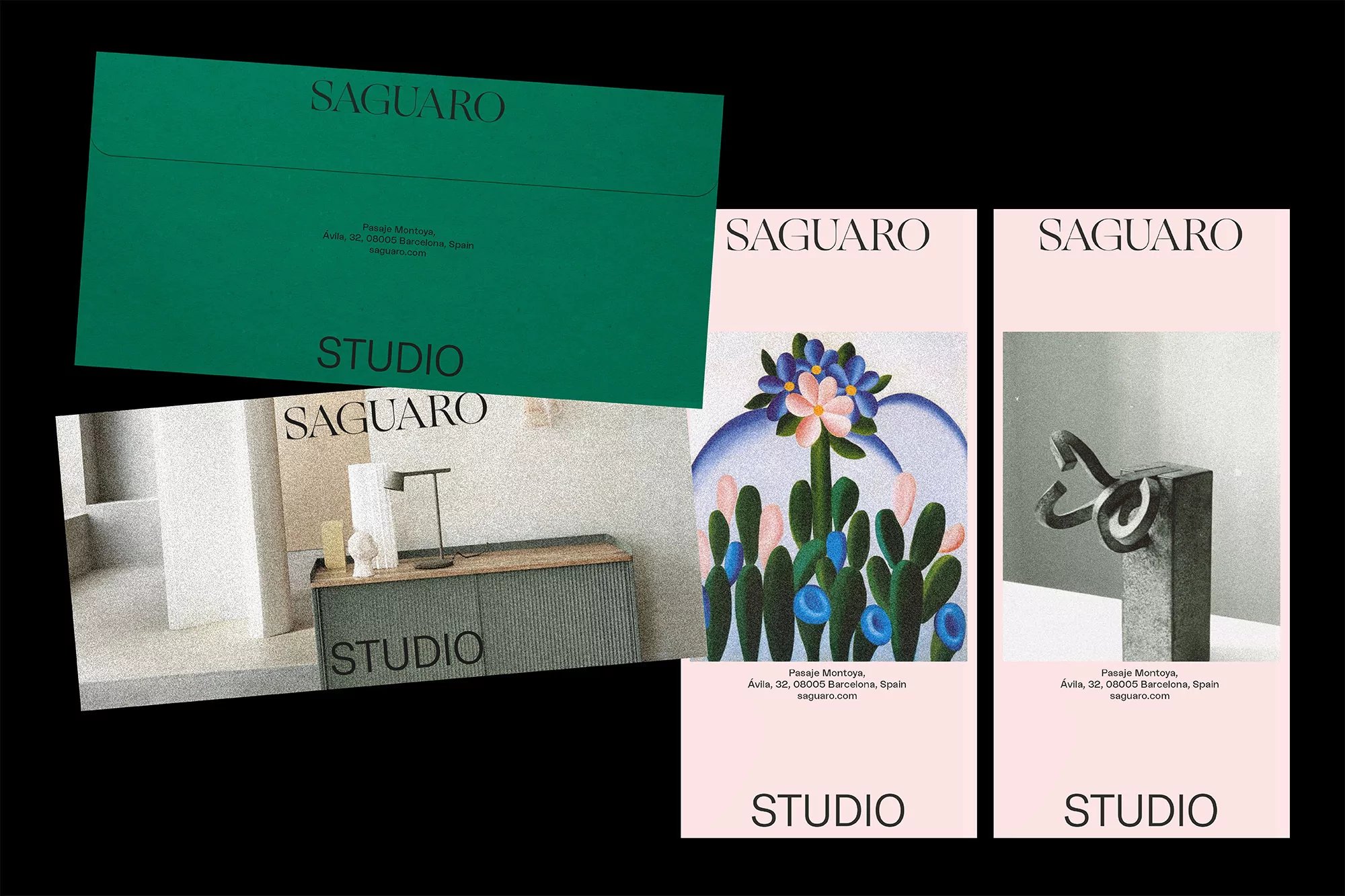 Brand promotion featuring a letter, cards, and studio interior, showcasing Saguaro's logo and studio setup, against a solid black background.