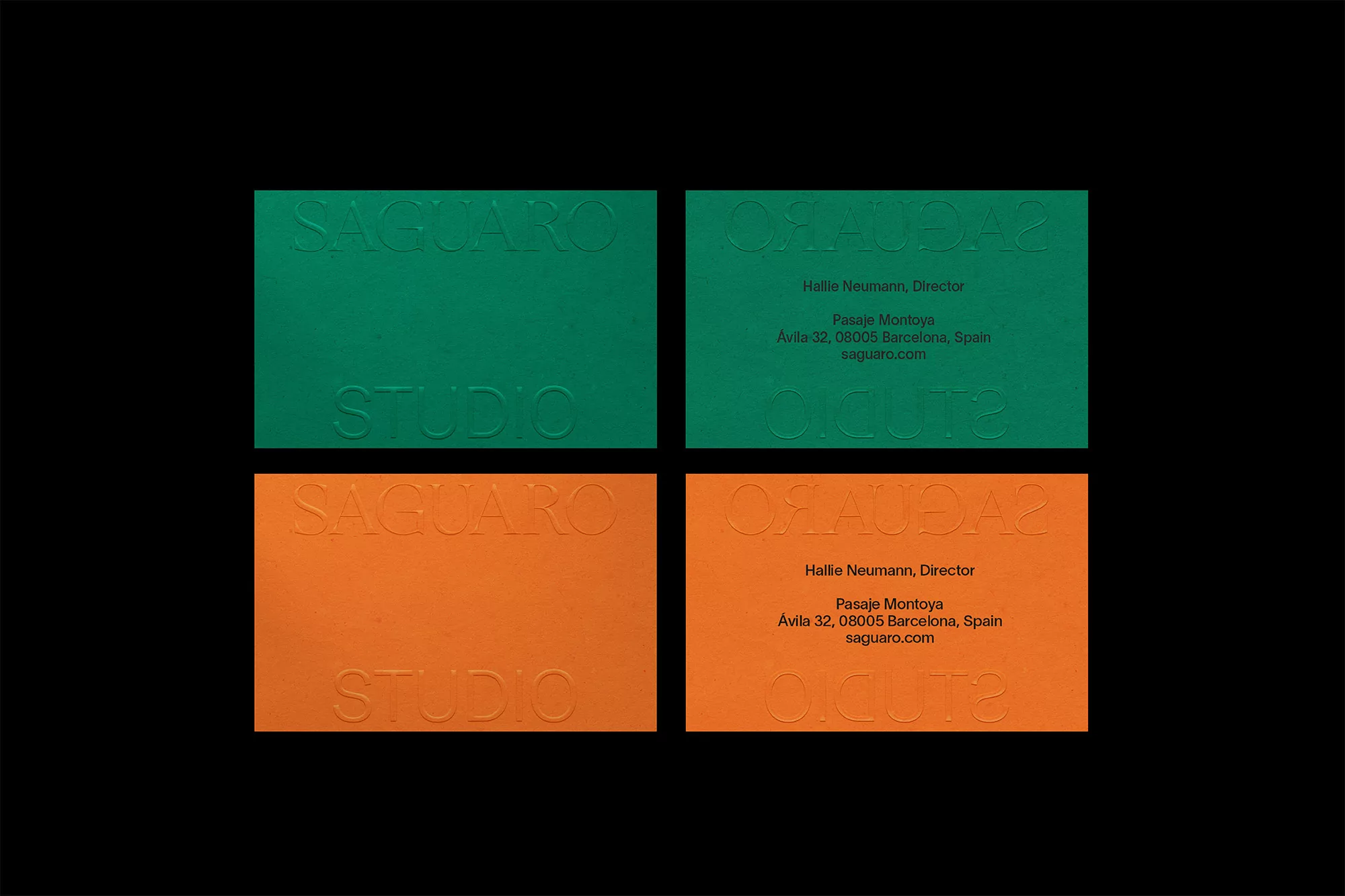 Four business cards, two in green and two in orange, are embossed with 'Saguaro Studio' and contact details on a black background.