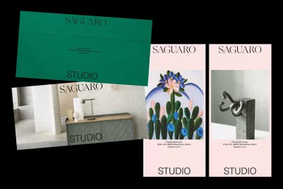 Collage of Saguaro brand identity stationery items including green envelope and pink brochures against black