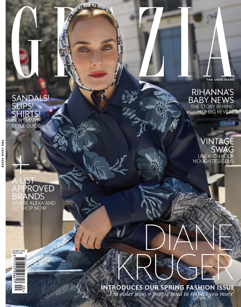 Magazine cover featuring Diane Kruger in a floral jacket and headscarf, promoting the spring fashion issue with a building background.