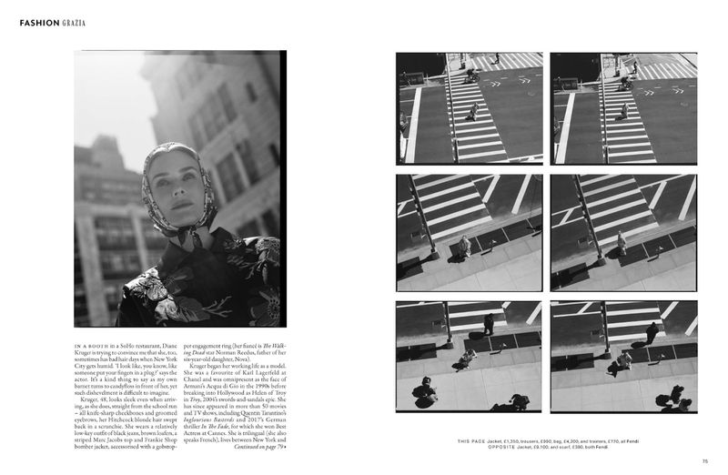 Black and white fashion editorial photo of a woman in a headscarf with buildings in the background, juxtaposed with street views.