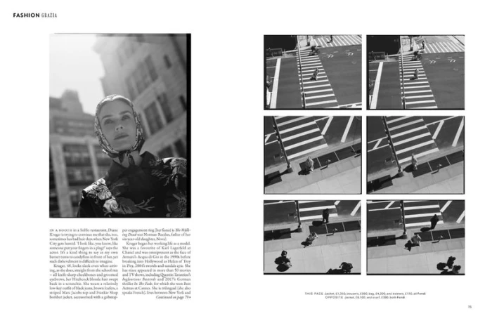 Black and white fashion editorial photo of a woman in a headscarf with buildings in the background, juxtaposed with street views.