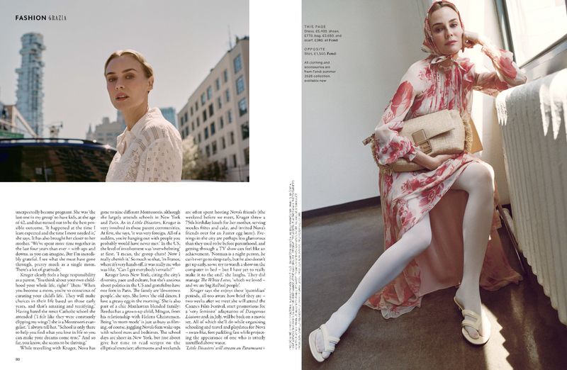 Diane Kruger poses in a floral dress with a beige handbag in a fashion editorial, with an urban outdoor view visible in the background.