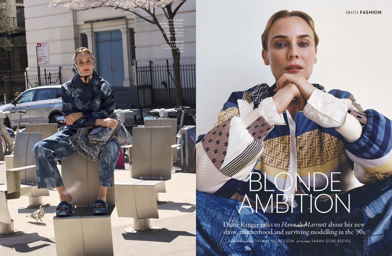 Diane Kruger poses in denim outfit, outdoors in Graffia editorial fashion shot. Close-up shows Kruger in pattern shirt. Blonde Ambition.