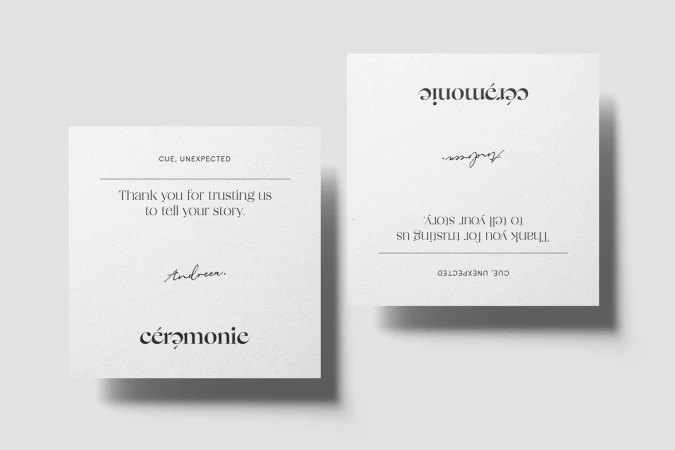 Two square greeting cards with thank you messages, featuring elegant typography on white paper with a minimalist design aesthetic.