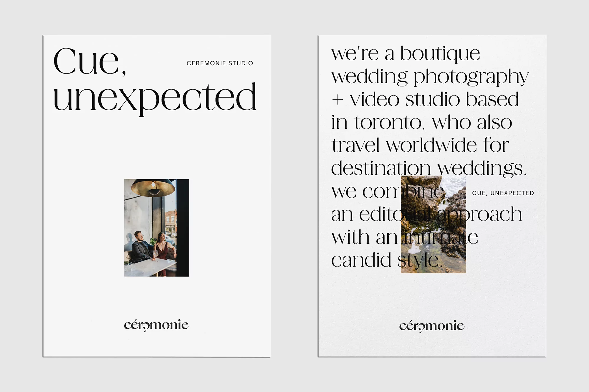 Two promotional posters for a wedding photography and video studio, featuring a couple and a destination wedding photograph.