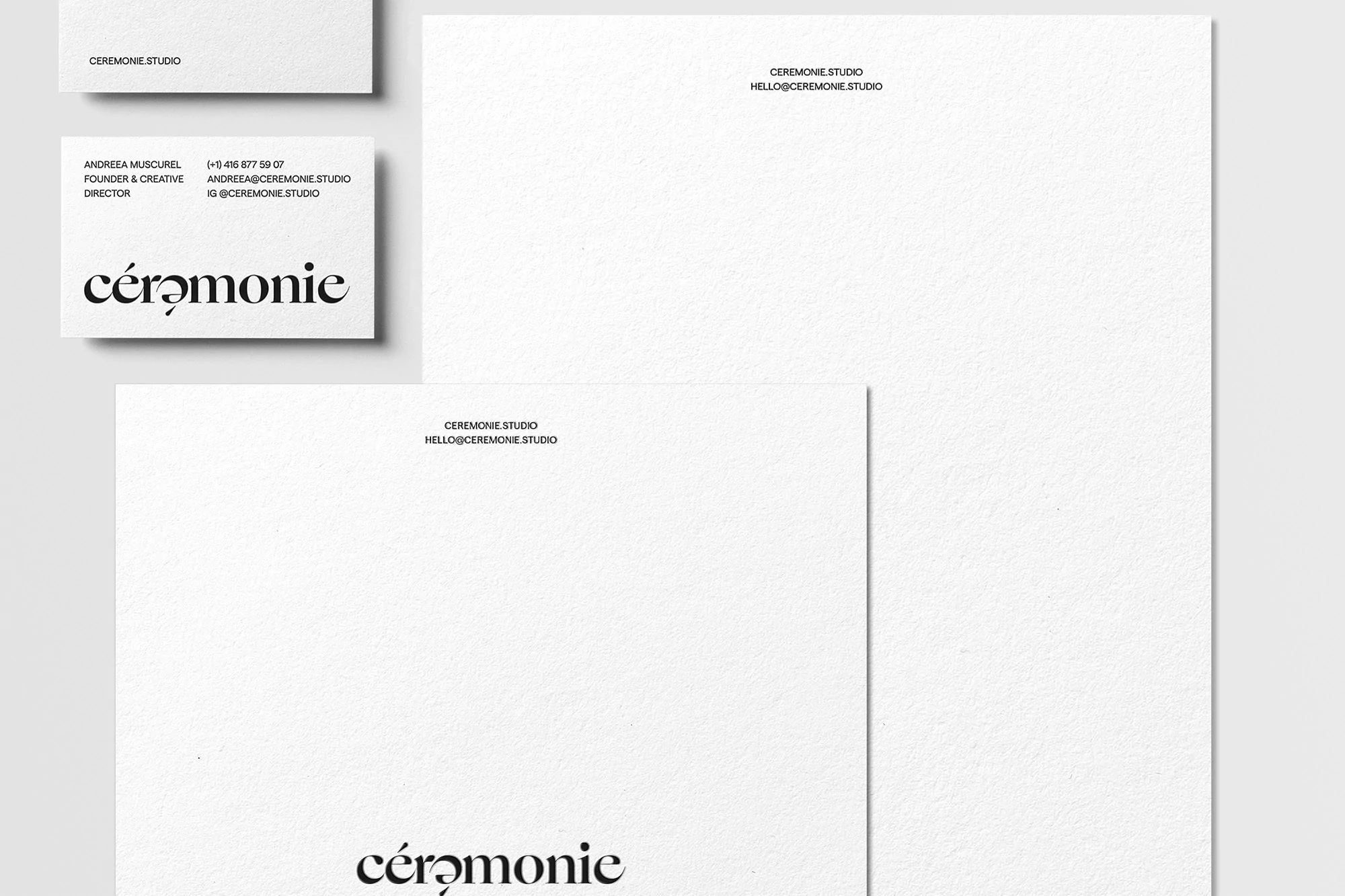 Clean, minimalist branding suite featuring letterhead, business card, and logo design with elegant typography and a modern, monochromatic aesthetic.