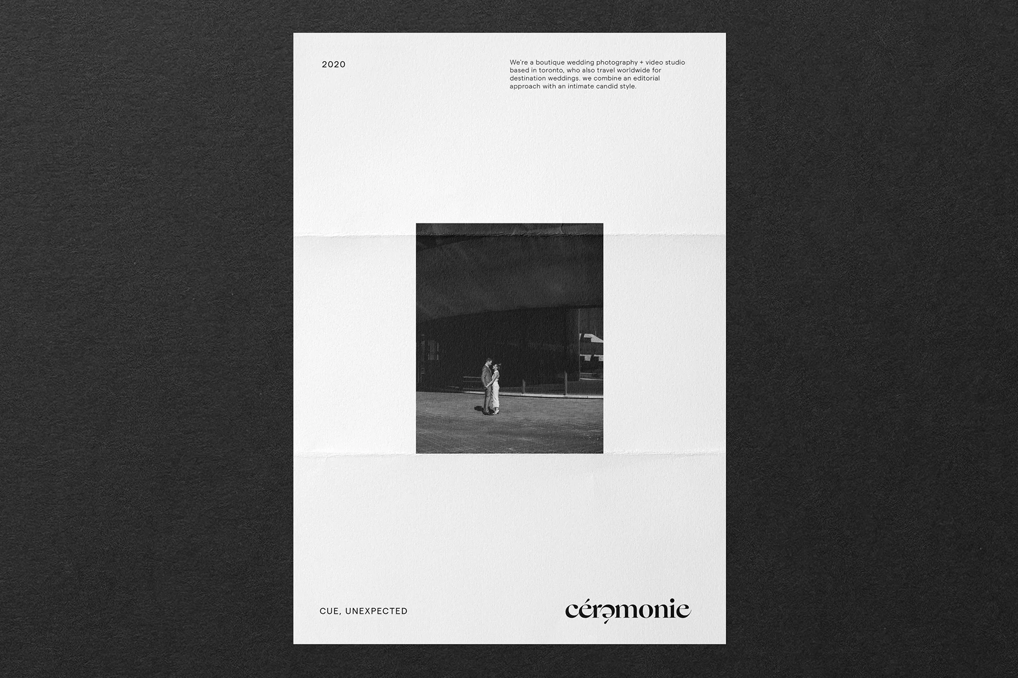 A monochromatic promotional sheet shows two figures in embrace, possibly a couple in wedding attire. Below is the text 'cérǝmonie'.