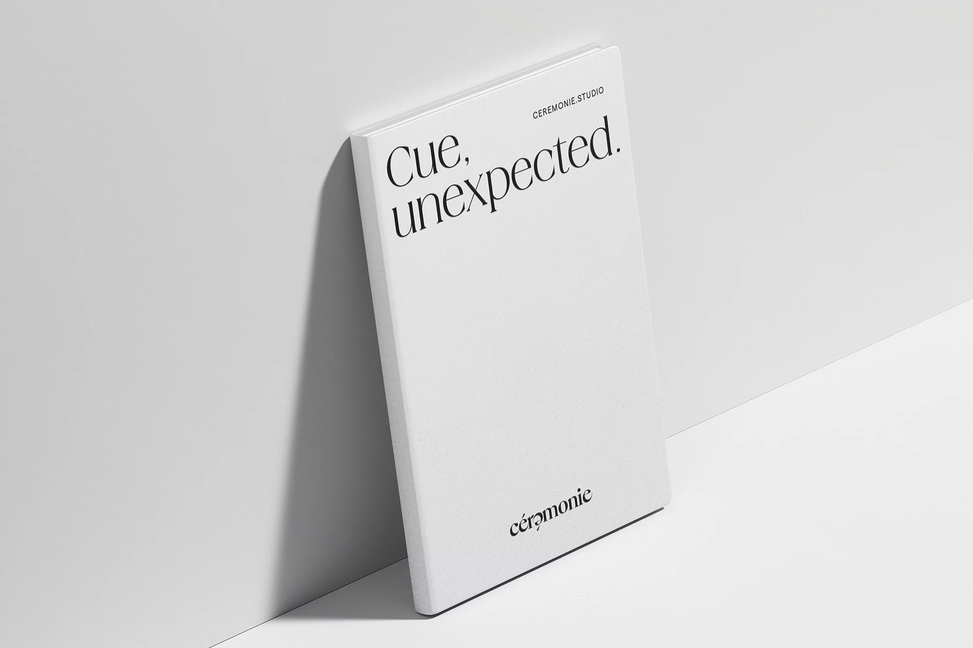 A hardcover book with the text "Cue, unexpected" on its cover stands against a white wall, casting a soft shadow on the surface.