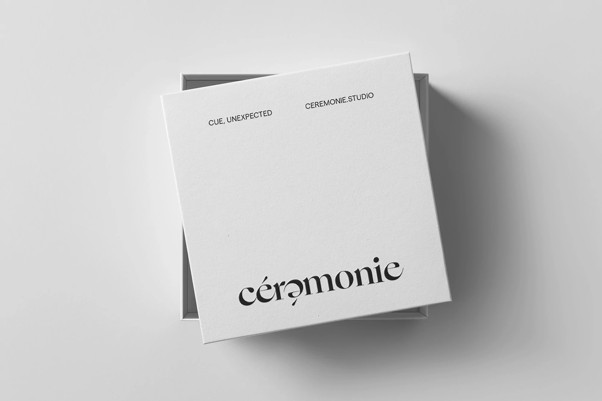 Top-down studio shot of a white cardboard product box with black typographic branding, resting on a seamless white surface.
